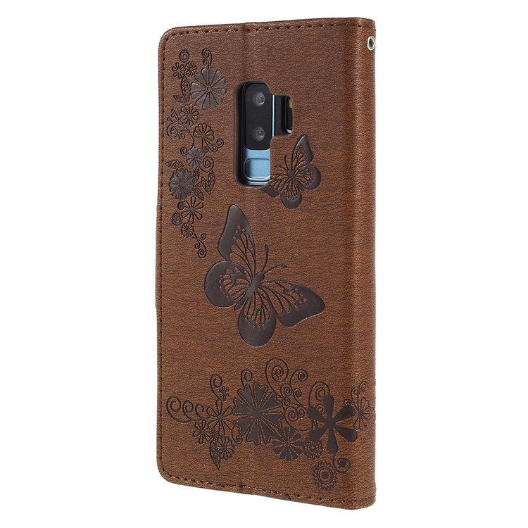 Imprint Butterfly Flower Leather Stand Mobile Shell for Samsung Galaxy S9+ G965 - Brown-3