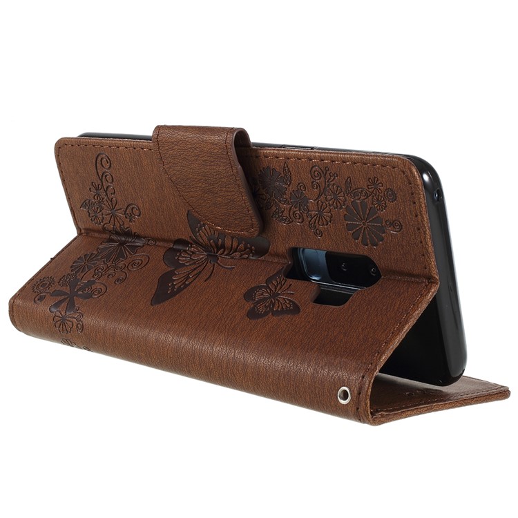 Imprint Butterfly Flower Leather Stand Mobile Shell for Samsung Galaxy S9+ G965 - Brown-5