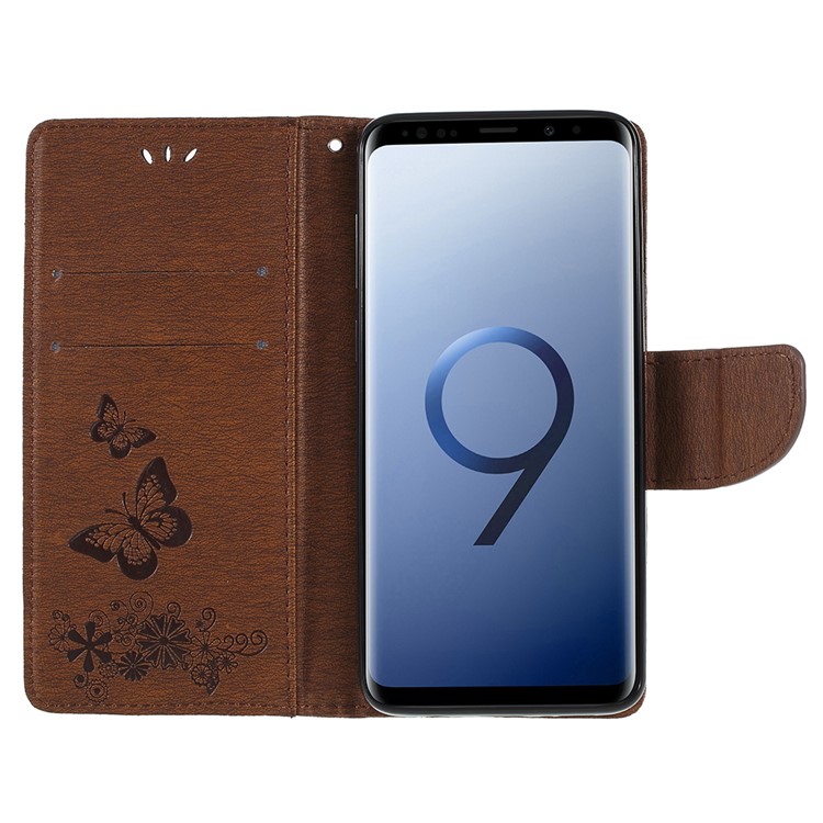 Imprint Butterfly Flower Leather Stand Mobile Shell for Samsung Galaxy S9+ G965 - Brown-6