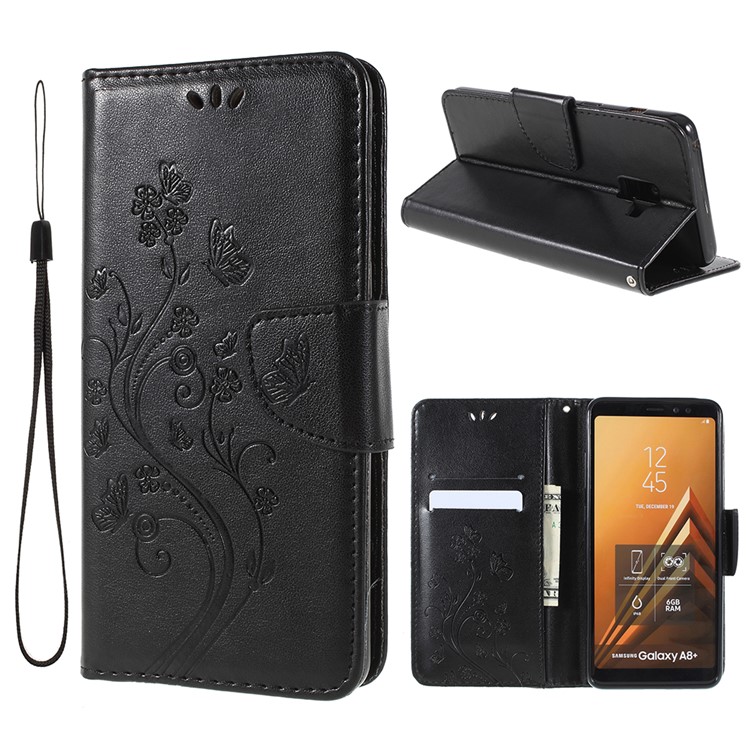 Imprinted Butterfly Flowers Wallet Leather Stand Case for Samsung Galaxy A8 Plus (2018) - Black-1