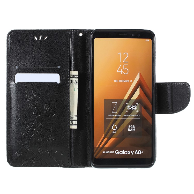 Imprinted Butterfly Flowers Wallet Leather Stand Case for Samsung Galaxy A8 Plus (2018) - Black-10