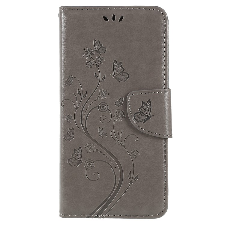 Imprinted Butterfly Flowers Wallet Leather Cover with Stand for Samsung Galaxy A8 Plus (2018) - Grey-1