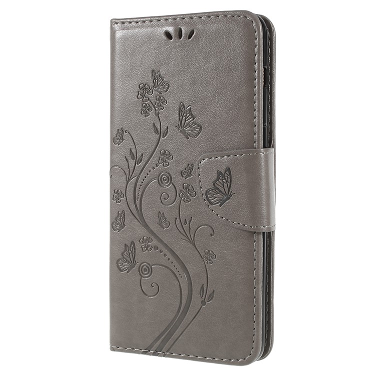 Imprinted Butterfly Flowers Wallet Leather Cover with Stand for Samsung Galaxy A8 Plus (2018) - Grey-2