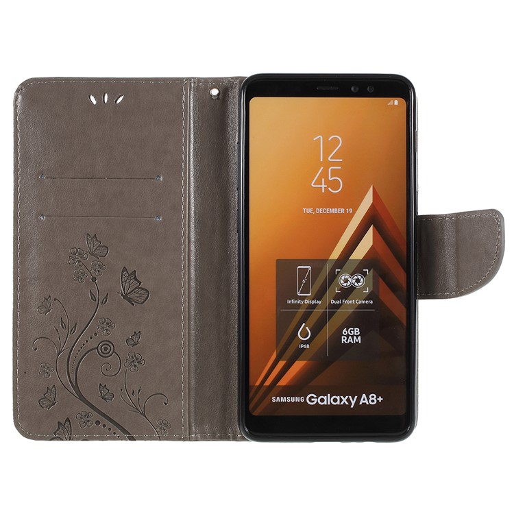 Imprinted Butterfly Flowers Wallet Leather Cover with Stand for Samsung Galaxy A8 Plus (2018) - Grey-6