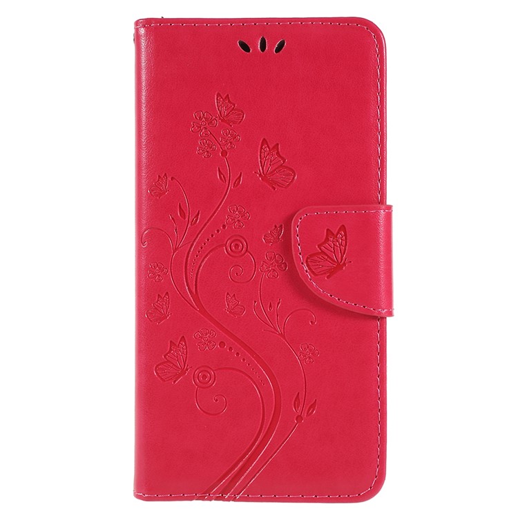 Imprinted Butterfly Flowers Wallet Leather Phone Shell for Samsung Galaxy A8 Plus (2018) - Red-1