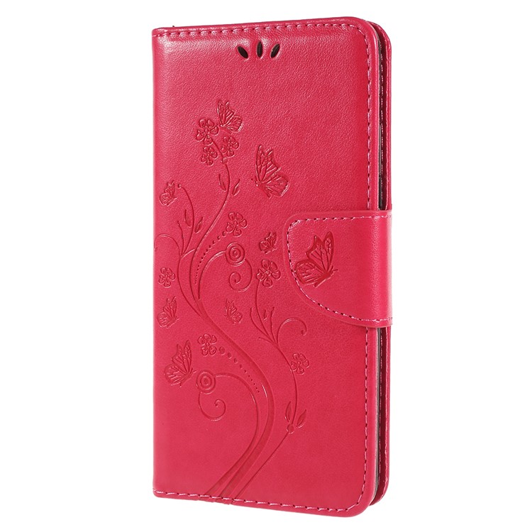 Imprinted Butterfly Flowers Wallet Leather Phone Shell for Samsung Galaxy A8 Plus (2018) - Red-2