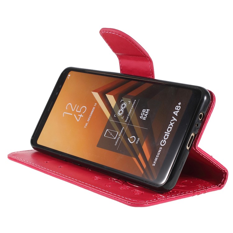 Imprinted Butterfly Flowers Wallet Leather Phone Shell for Samsung Galaxy A8 Plus (2018) - Red-4