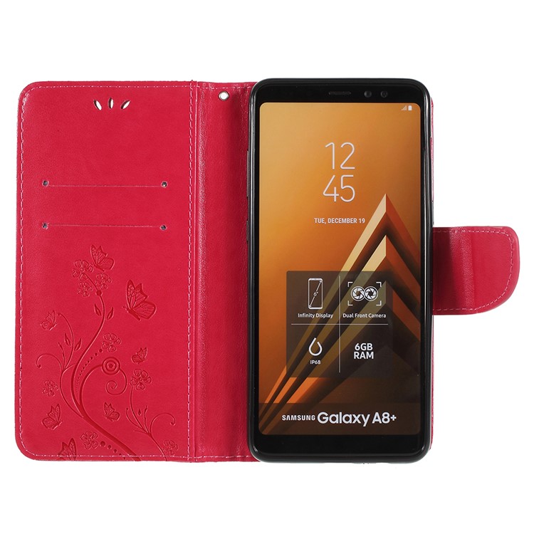 Imprinted Butterfly Flowers Wallet Leather Phone Shell for Samsung Galaxy A8 Plus (2018) - Red-6