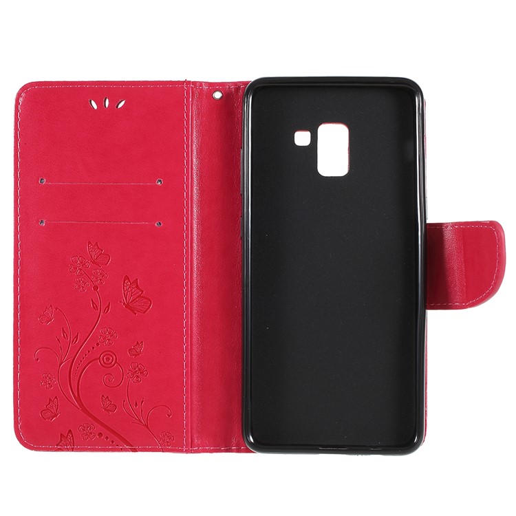 Imprinted Butterfly Flowers Wallet Leather Phone Shell for Samsung Galaxy A8 Plus (2018) - Red-7