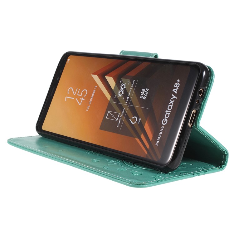 Imprinted Butterfly Flowers Wallet Stand Leather Folio Flip Cell Phone Cover for Samsung Galaxy A8 Plus (2018) - Green-4