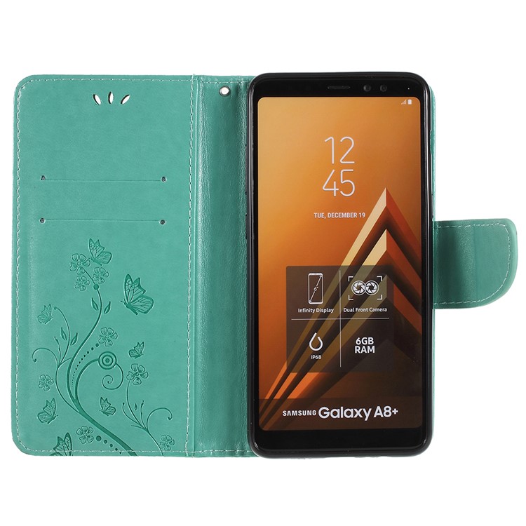 Imprinted Butterfly Flowers Wallet Stand Leather Folio Flip Cell Phone Cover for Samsung Galaxy A8 Plus (2018) - Green-6