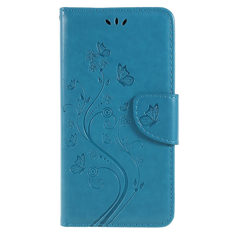 Imprinted Butterfly Flowers PU Leather Wallet Stand Mobile Casing for Samsung Galaxy A8+ (2018) - Blue-1