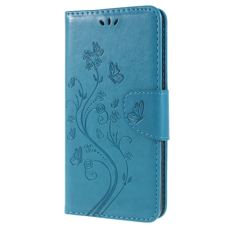 Imprinted Butterfly Flowers PU Leather Wallet Stand Mobile Casing for Samsung Galaxy A8+ (2018) - Blue-2