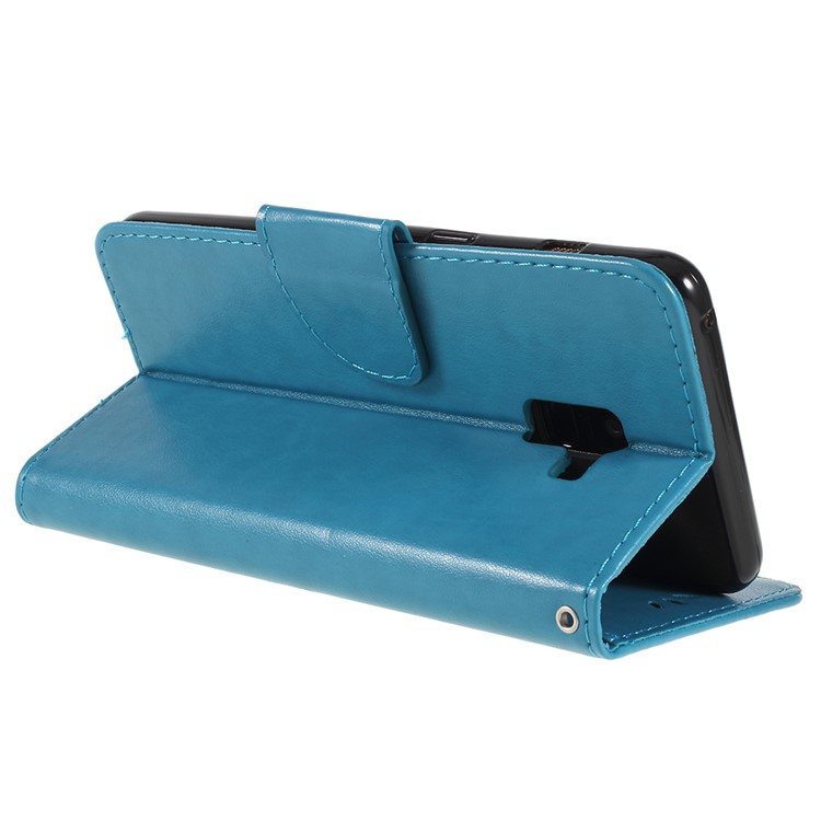 Imprinted Butterfly Flowers PU Leather Wallet Stand Mobile Casing for Samsung Galaxy A8+ (2018) - Blue-5