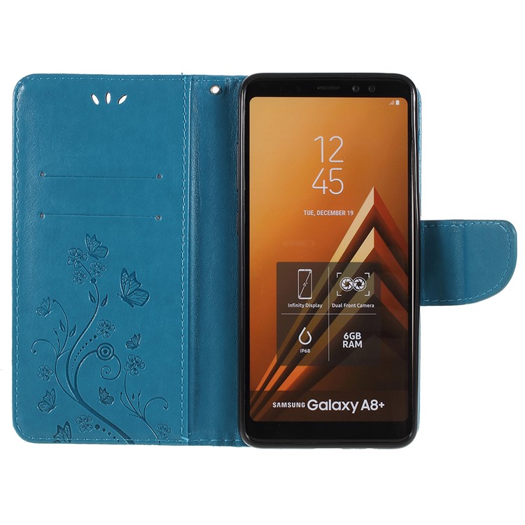 Imprinted Butterfly Flowers PU Leather Wallet Stand Mobile Casing for Samsung Galaxy A8+ (2018) - Blue-6