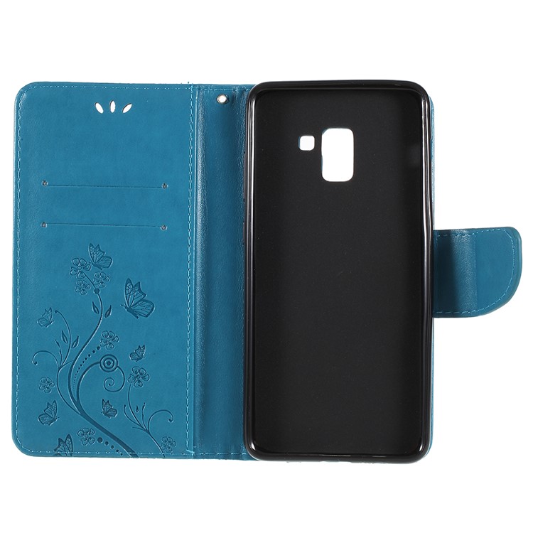 Imprinted Butterfly Flowers PU Leather Wallet Stand Mobile Casing for Samsung Galaxy A8+ (2018) - Blue-7