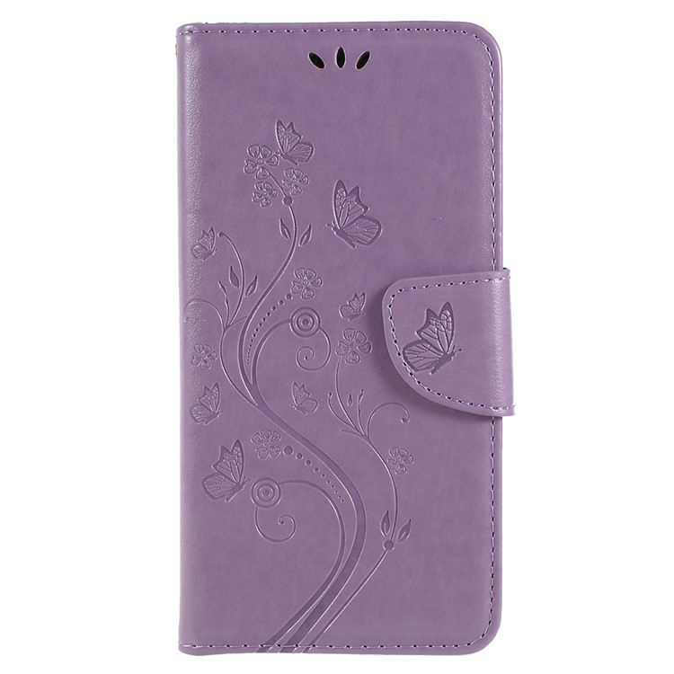 Imprinted Butterfly Flowers PU Leather Protection Cover Shell for Samsung Galaxy A8+ (2018) - Light Purple-1