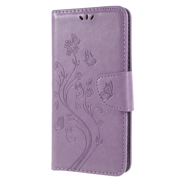 Imprinted Butterfly Flowers PU Leather Protection Cover Shell for Samsung Galaxy A8+ (2018) - Light Purple-2