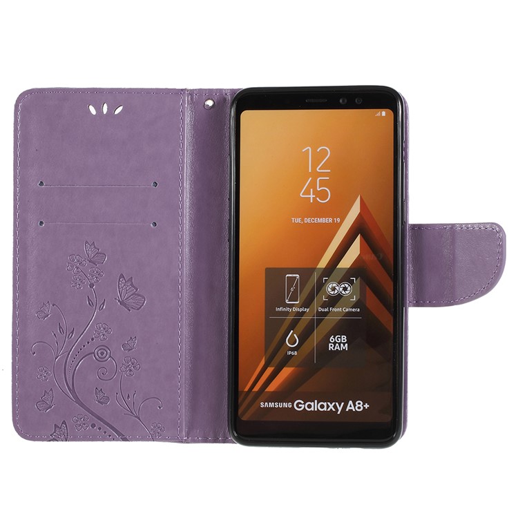 Imprinted Butterfly Flowers PU Leather Protection Cover Shell for Samsung Galaxy A8+ (2018) - Light Purple-6