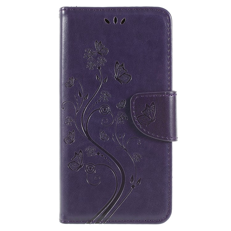 Imprinted Butterfly Flowers Card Holder Leather Case Cover for Samsung Galaxy A8+ (2018) - Dark Purple-1