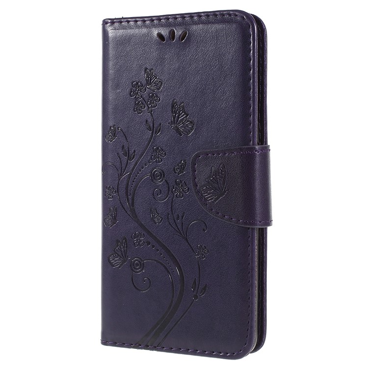 Imprinted Butterfly Flowers Card Holder Leather Case Cover for Samsung Galaxy A8+ (2018) - Dark Purple-2