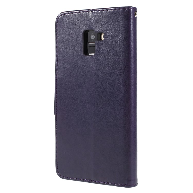 Imprinted Butterfly Flowers Card Holder Leather Case Cover for Samsung Galaxy A8+ (2018) - Dark Purple-3