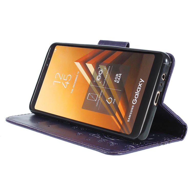 Imprinted Butterfly Flowers Card Holder Leather Case Cover for Samsung Galaxy A8+ (2018) - Dark Purple-4