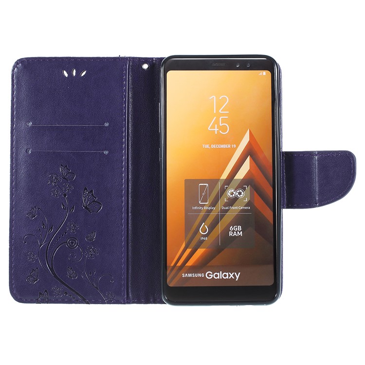 Imprinted Butterfly Flowers Card Holder Leather Case Cover for Samsung Galaxy A8+ (2018) - Dark Purple-6