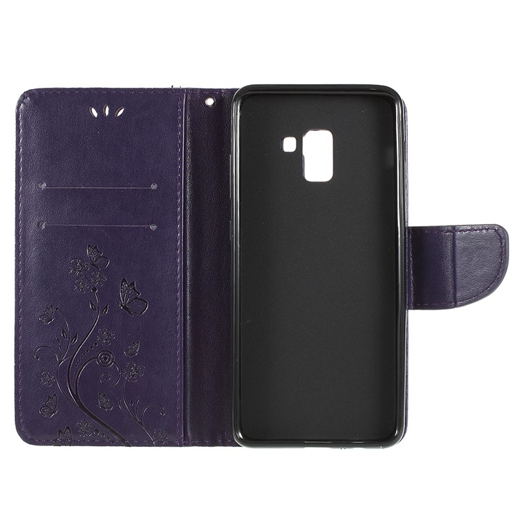 Imprinted Butterfly Flowers Card Holder Leather Case Cover for Samsung Galaxy A8+ (2018) - Dark Purple-7