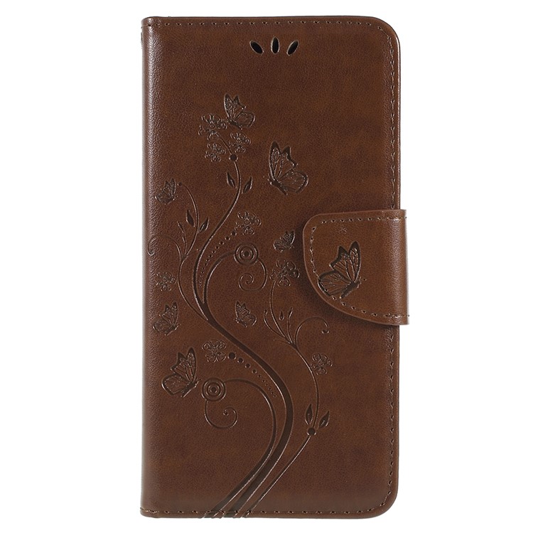 Imprinted Butterfly Flowers Wallet Leather Mobile Phone Case Accessory for Samsung Galaxy A8 Plus (2018) - Brown-1