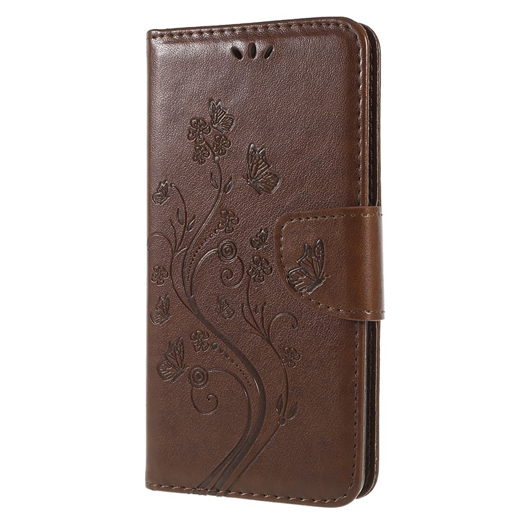 Imprinted Butterfly Flowers Wallet Leather Mobile Phone Case Accessory for Samsung Galaxy A8 Plus (2018) - Brown-2