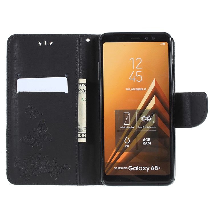 Imprinted Butterfly Flowers Wallet Leather Stand Case for Samsung Galaxy A8 Plus (2018) - Black-10