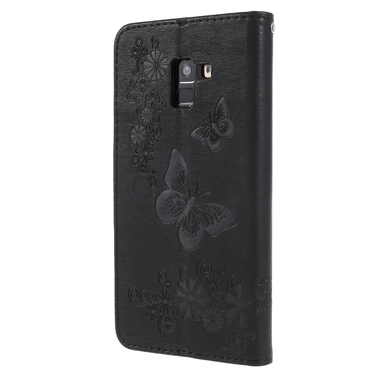Imprinted Butterfly Flowers Wallet Leather Stand Case for Samsung Galaxy A8 Plus (2018) - Black-2