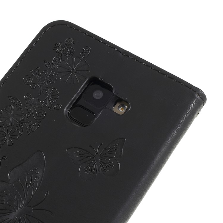 Imprinted Butterfly Flowers Wallet Leather Stand Case for Samsung Galaxy A8 Plus (2018) - Black-5