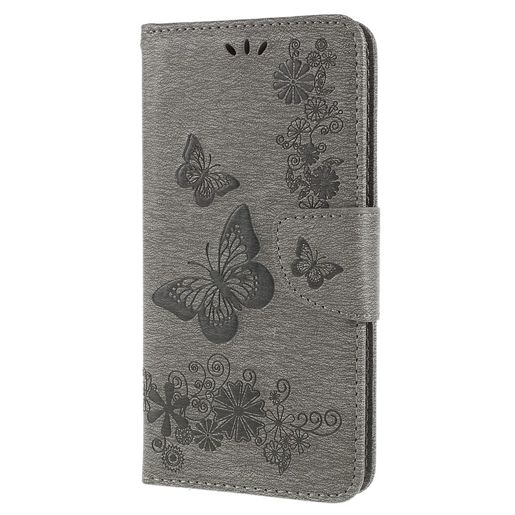 Imprinted Butterfly Flowers Wallet Leather Mobile Cover with Stand for Samsung Galaxy A8 Plus (2018) - Grey-2