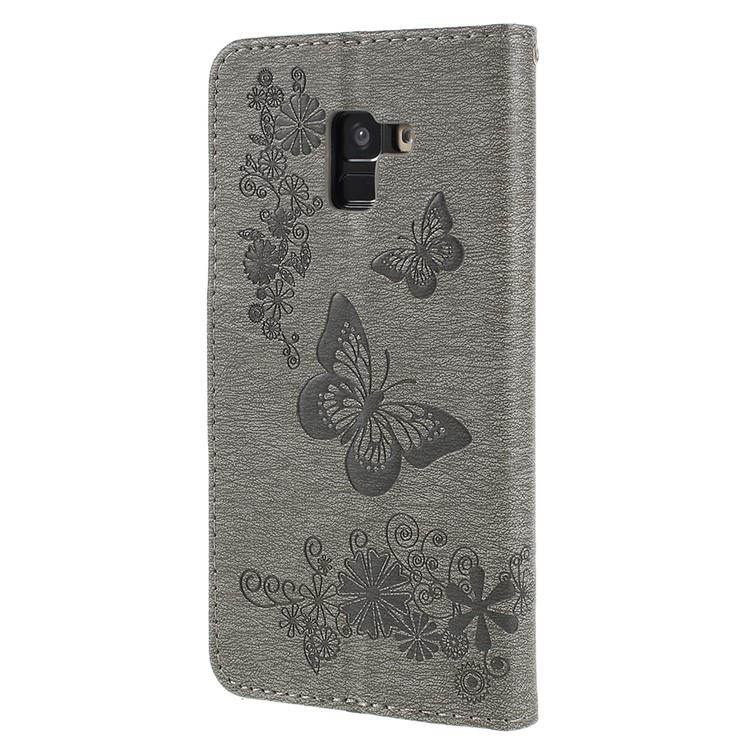 Imprinted Butterfly Flowers Wallet Leather Mobile Cover with Stand for Samsung Galaxy A8 Plus (2018) - Grey-3