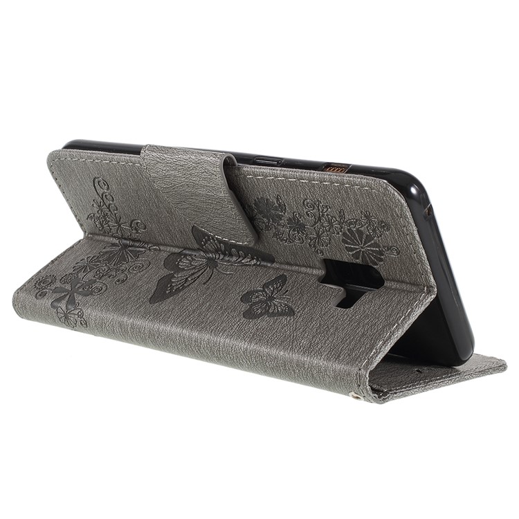 Imprinted Butterfly Flowers Wallet Leather Mobile Cover with Stand for Samsung Galaxy A8 Plus (2018) - Grey-5