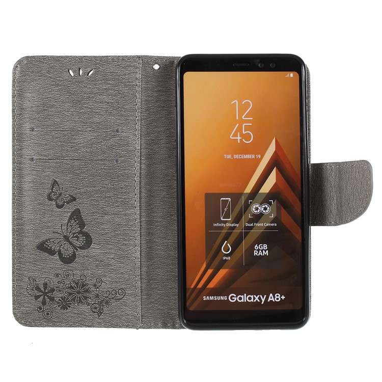 Imprinted Butterfly Flowers Wallet Leather Mobile Cover with Stand for Samsung Galaxy A8 Plus (2018) - Grey-6
