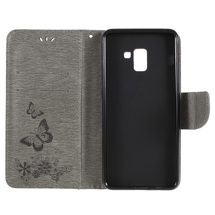 Imprinted Butterfly Flowers Wallet Leather Mobile Cover with Stand for Samsung Galaxy A8 Plus (2018) - Grey-7