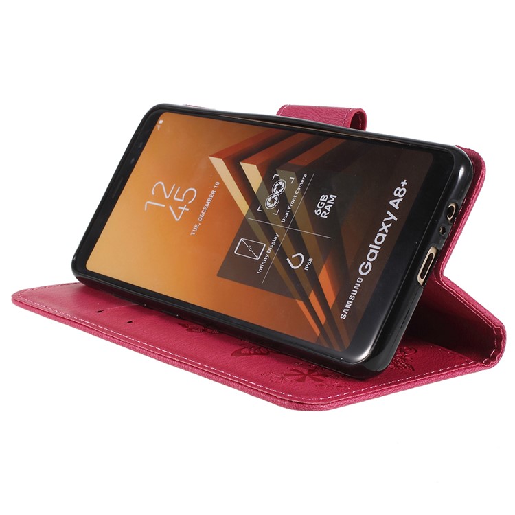 Imprinted Butterfly Flowers Wallet Leather Flip Stand Phone Shell for Samsung Galaxy A8 Plus (2018) - Rose-4