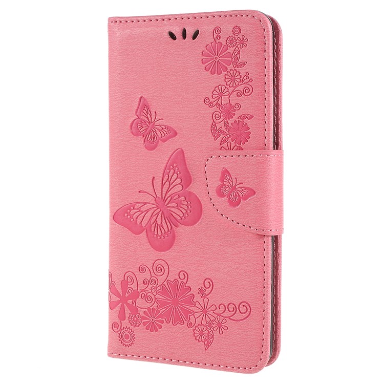 Imprinted Butterfly Flowers Wallet Stand Leather Cell Phone Case for Samsung Galaxy A8 Plus (2018) - Pink-2