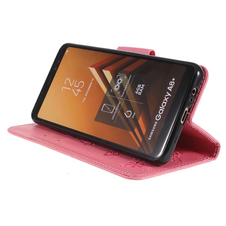 Imprinted Butterfly Flowers Wallet Stand Leather Cell Phone Case for Samsung Galaxy A8 Plus (2018) - Pink-4