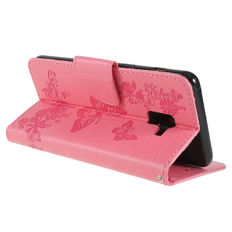 Imprinted Butterfly Flowers Wallet Stand Leather Cell Phone Case for Samsung Galaxy A8 Plus (2018) - Pink-5