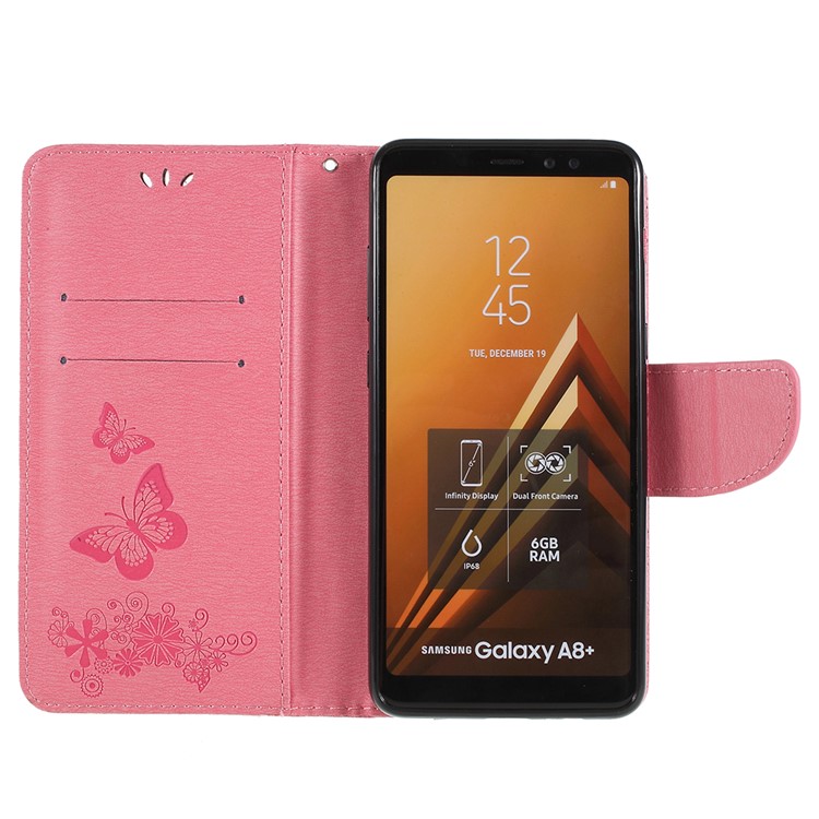 Imprinted Butterfly Flowers Wallet Stand Leather Cell Phone Case for Samsung Galaxy A8 Plus (2018) - Pink-6