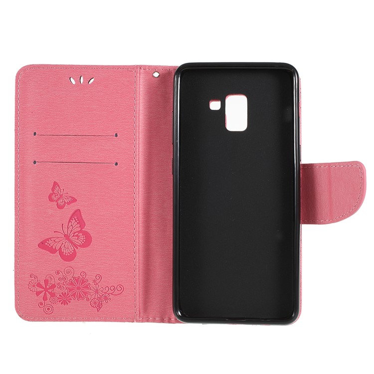 Imprinted Butterfly Flowers Wallet Stand Leather Cell Phone Case for Samsung Galaxy A8 Plus (2018) - Pink-7