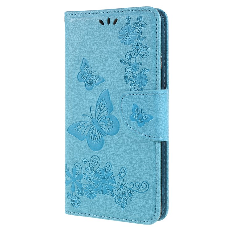 Imprinted Butterfly Flowers PU Leather Magnetic Wallet Phone Casing for Samsung Galaxy A8+ (2018) - Blue-2