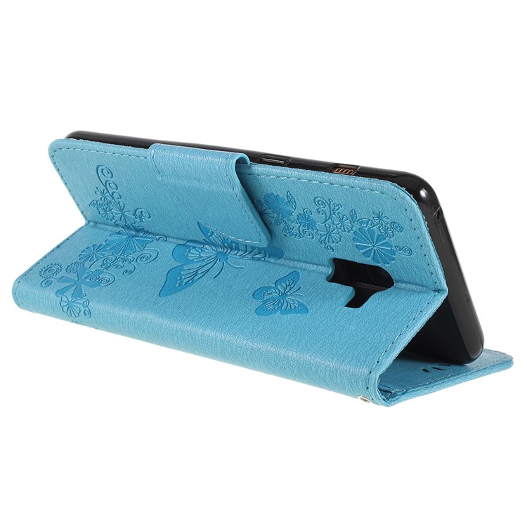 Imprinted Butterfly Flowers PU Leather Magnetic Wallet Phone Casing for Samsung Galaxy A8+ (2018) - Blue-5