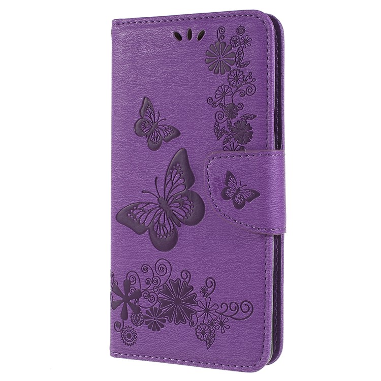 Imprinted Butterfly Flowers Card Holder Leather Stand Mobile Phone Cover Shell for Samsung Galaxy A8+ (2018) - Purple-2