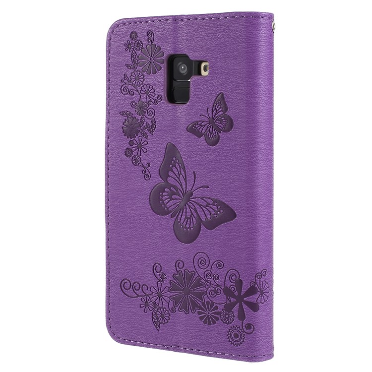 Imprinted Butterfly Flowers Card Holder Leather Stand Mobile Phone Cover Shell for Samsung Galaxy A8+ (2018) - Purple-3