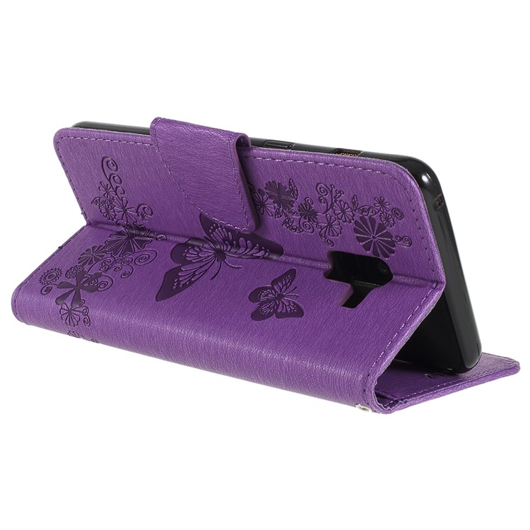 Imprinted Butterfly Flowers Card Holder Leather Stand Mobile Phone Cover Shell for Samsung Galaxy A8+ (2018) - Purple-4